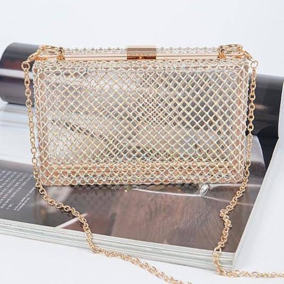 Dainty Gold Rhinestone Mesh Clutch - Picture 1 of 3